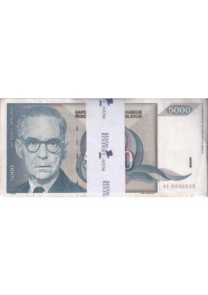 Yugoslavya, 5.000 Dinar (1992) P#115 Temiz/çt (Kullanılmış) Deste (100 Adet)