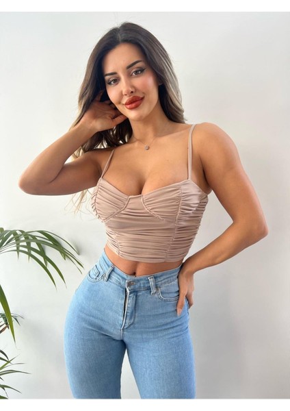 Bej Sandy Kumaş Büzgülü Büstiyer