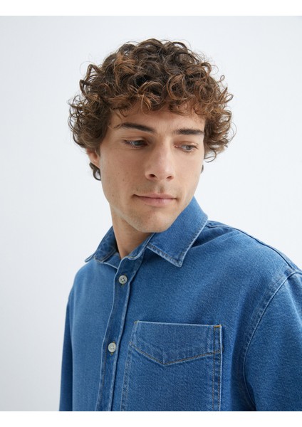 Kot Gömlek Ceket Oversize Cep Detaylı Düğmeli Klasik Yaka