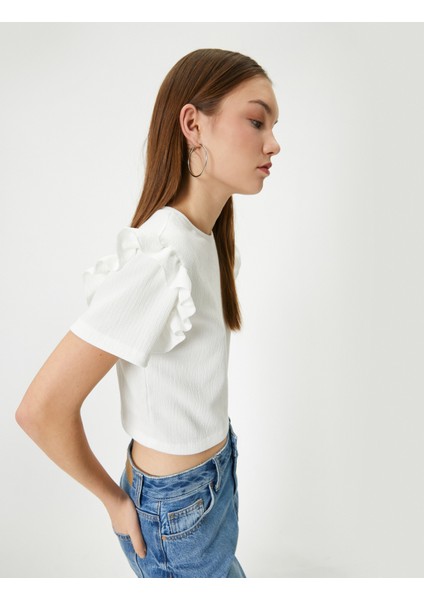 Fırfırlı Tişört Kısa Kollu Bisiklet Yaka Dokulu