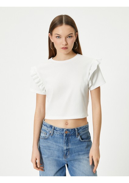 Fırfırlı Tişört Kısa Kollu Bisiklet Yaka Dokulu modelleri