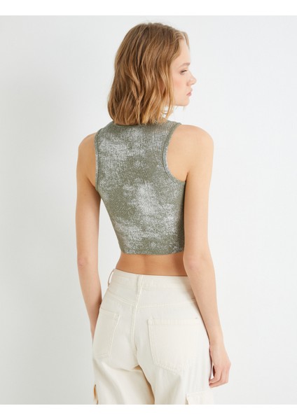 Crop Atlet Halter Yaka Metalik Sim Baskılı Fitilli