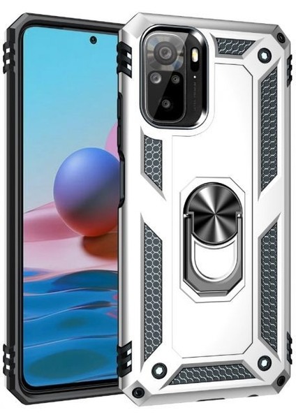 Xiaomi Redmi Note 10S Kılıf Tank Koruma Standlı Yüzüklü Mıknatıslı Gümüş