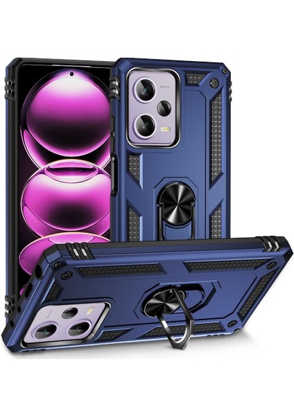 Xiaomi Poco X5 5g Kılıf Tank Koruma Standlı Yüzüklü Mıknatıslı Lacivert