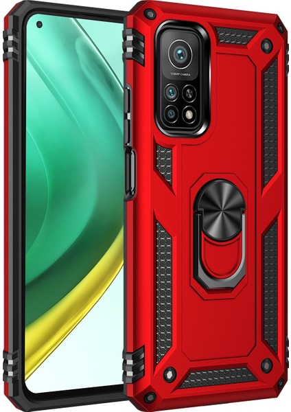 Xiaomi Mi 10T Pro Kılıf Vega Tank Koruma Standlı Yüzüklü Mıknatıslı Kırmızı