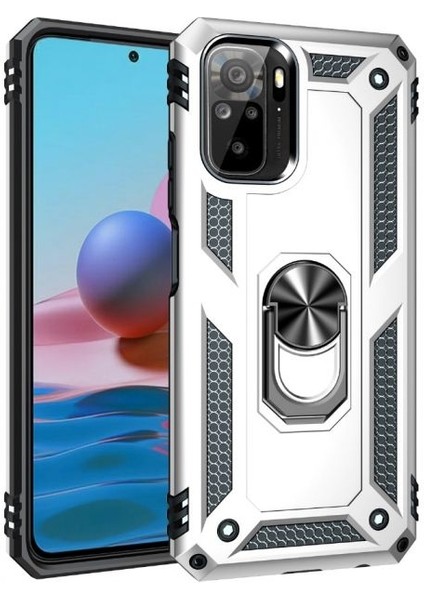 Xiaomi Redmi Note 10 Kılıf Vega Tank Koruma Standlı Yüzüklü Mıknatıslı Gümüş