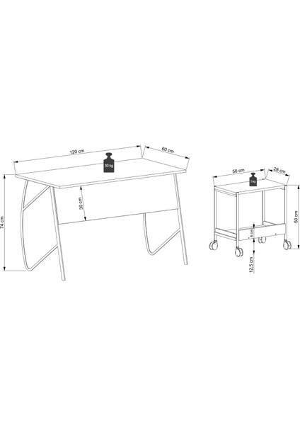 Ella Çalışma Masası + Ella Tekerlekli Sehpa Takım 120 cm Meşe