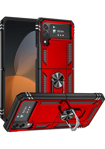 Samsung Galaxy Z Flip 4 Kılıf Sert Silikon Tank Standlı Yüzüklü Mıknatıslı Kırmızı