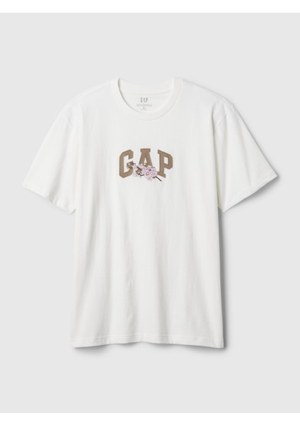 Erkek Beyaz Gap Çiçek Işlemeli Logo T-Shirt