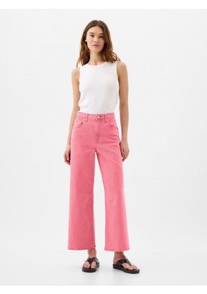 Kadın Pembe High Rise Wide-Leg Crop Jean Pantolon