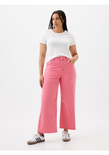 Kadın Pembe High Rise Wide-Leg Crop Jean Pantolon