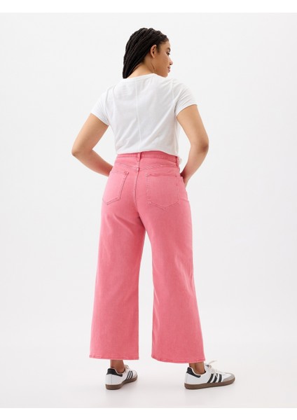 Kadın Pembe High Rise Wide-Leg Crop Jean Pantolon