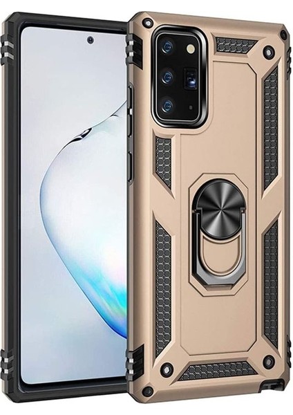 Samsung Galaxy Note 20 Kılıf Tank Koruma Standlı Yüzüklü Mıknatıslı Gold