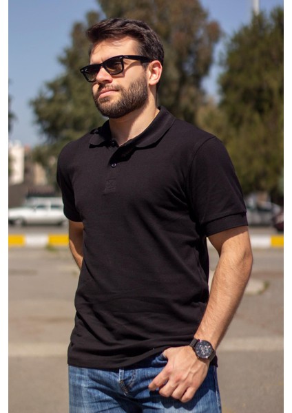 Erkek Siyah Rahat %100 Pamuk Ribana Kol Polo Yaka T-Shirt 24Eplypope