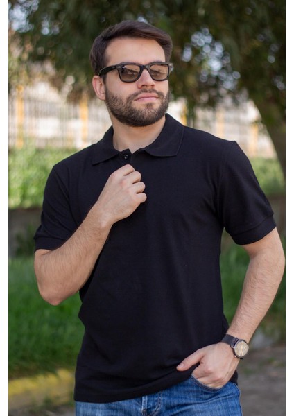 Erkek Siyah Rahat %100 Pamuk Ribana Kol Polo Yaka T-Shirt 24Eplypope modelleri