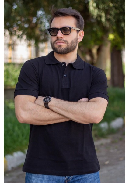 Erkek Siyah Rahat %100 Pamuk Ribana Kol Polo Yaka T-Shirt 24Eplypope fırsatları