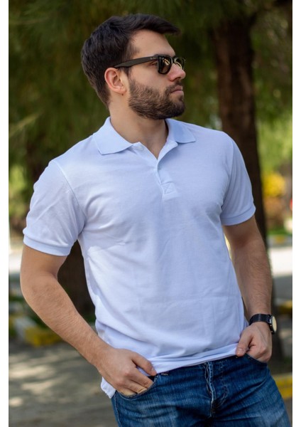 Erkek Beyaz Rahat %100 Pamuk Ribana Kol Polo Yaka T-Shirt 24Eplypope