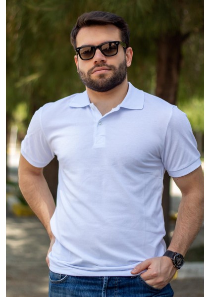 Erkek Beyaz Rahat %100 Pamuk Ribana Kol Polo Yaka T-Shirt 24Eplypope modelleri