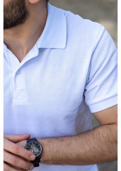 Erkek Beyaz Rahat %100 Pamuk Ribana Kol Polo Yaka T-Shirt 24Eplypope fırsatları