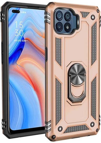 Oppo Reno 4 Lite Kılıf Vega Tank Koruma Standlı Yüzüklü Mıknatıslı Gold