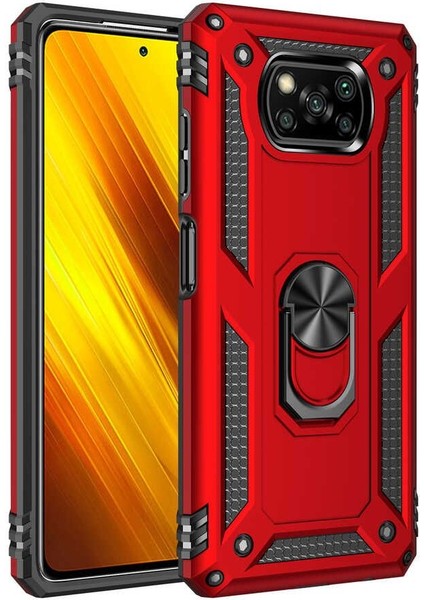 Xiaomi Poco X3 Kılıf Tank Koruma Standlı Yüzüklü Mıknatıslı Kırmızı