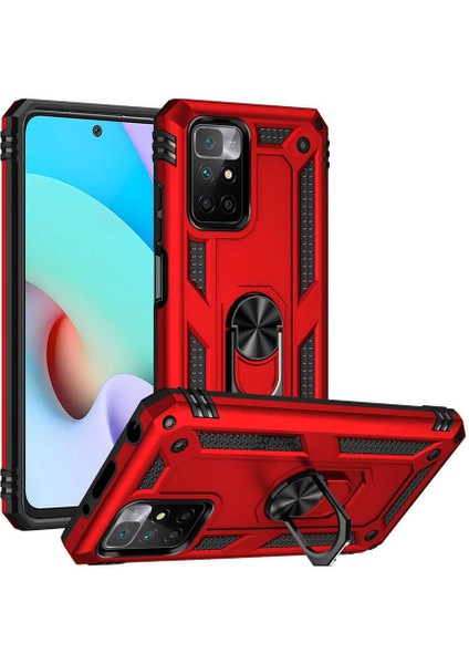 Xiaomi Redmi 10 2022 Kılıf Tank Standlı Yüzüklü Mıknatıslı Kırmızı