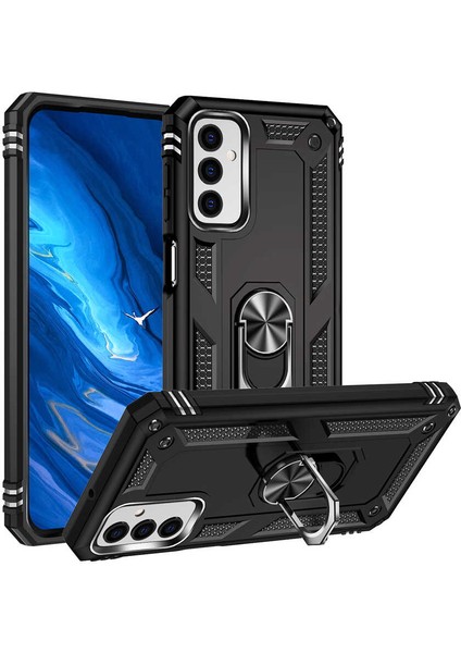 Samsung Galaxy M23 Kılıf Sert Silikon Tank Standlı Yüzüklü Mıknatıslı Siyah