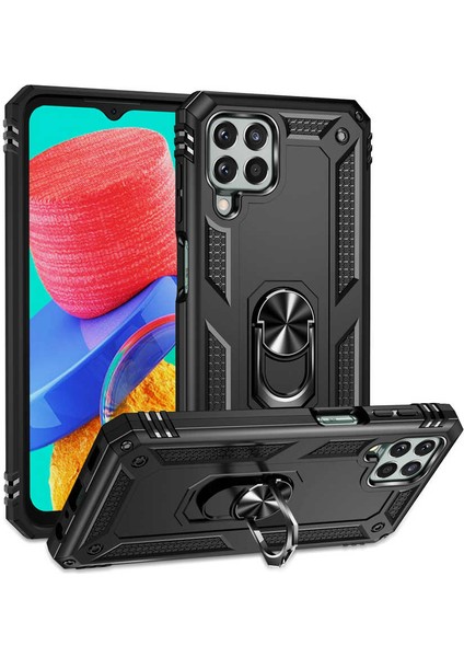 Samsung Galaxy M33 Kılıf Sert Silikon Tank Standlı Yüzüklü Mıknatıslı Siyah