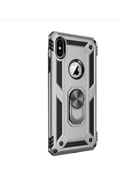 Apple iPhone Xs Max Kılıf Vega Standlı Yüzüklü Mıknatıslı Gümüş