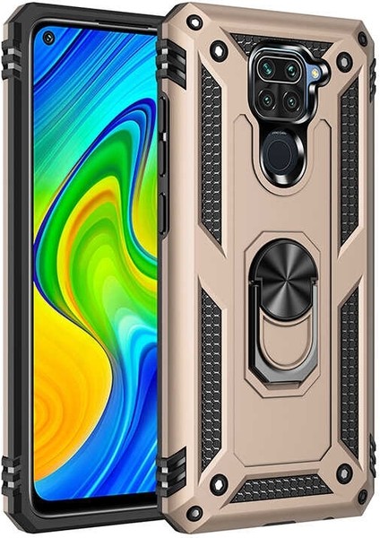 Xiaomi Redmi Note 9 Kılıf Tank Koruma Vega Standlı Yüzüklü Mıknatıslı Gold