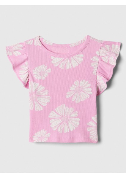 Kız Bebek Pembe Fırfır Kollu Desenli T-Shirt
