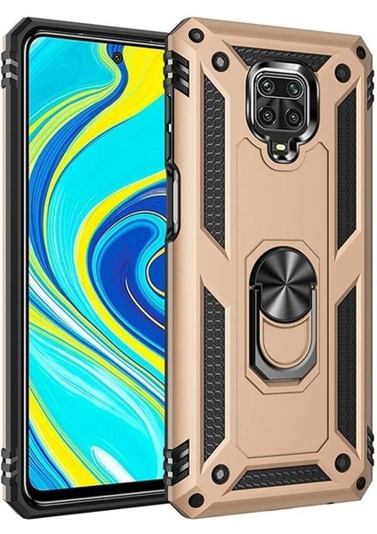 Xiaomi Redmi Note 9 Pro Kılıf Tank Koruma Standlı Yüzüklü Mıknatıslı Gold