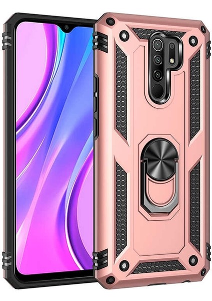 Xiaomi Redmi 9 Kılıf Tank Koruma Vega Standlı Yüzüklü Mıknatıslı Bronz