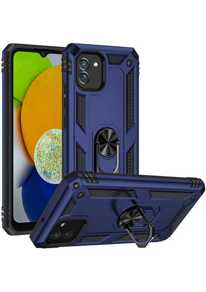 Samsung Galaxy A03 Kılıf Sert Silikon Tank Standlı Yüzüklü Mıknatıslı Lacivert