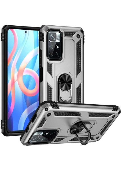 Xiaomi Redmi Note 12 Pro 4g Kılıf Tank Standlı Yüzüklü Mıknatıslı Gümüş