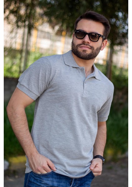 Erkek Gri Melanj Rahat %100 Pamuk Ribana Kol Polo Yaka T-Shirt 24Eplypope