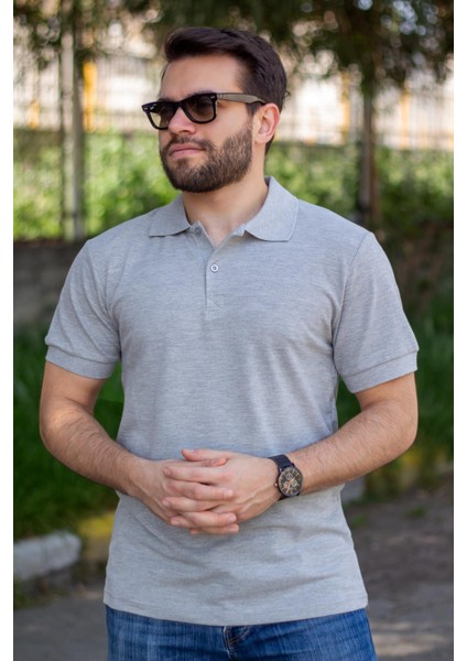 Erkek Gri Melanj Rahat %100 Pamuk Ribana Kol Polo Yaka T-Shirt 24Eplypope modelleri