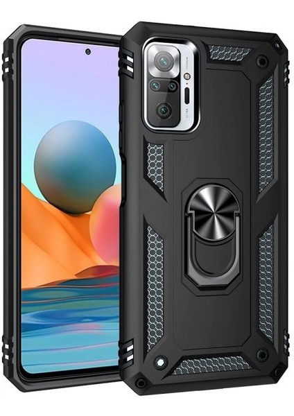 Xiaomi Redmi Note 10 Pro Kılıf Vega Tank Standlı Yüzüklü Mıknatıslı Siyah