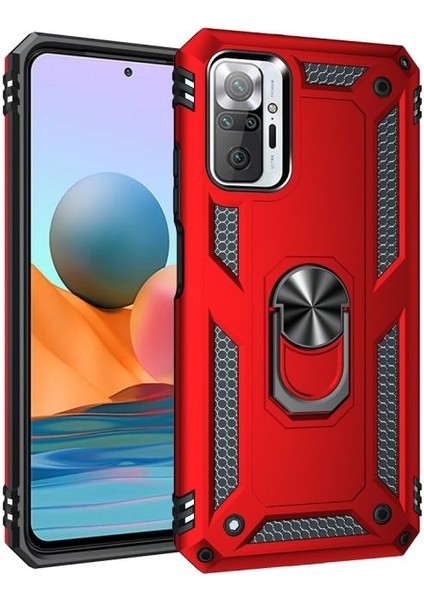 Xiaomi Redmi Note 10 Pro Kılıf Vega Tank Standlı Yüzüklü Mıknatıslı Kırmızı