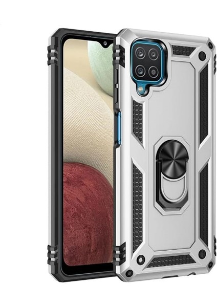 Samsung Galaxy A12 Kılıf Tank Koruma Standlı Yüzüklü Mıknatıslı Gümüş