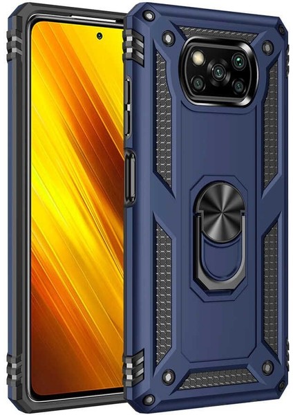 Xiaomi Poco X3 Pro Kılıf Tank Koruma Standlı Yüzüklü Mıknatıslı Lacivert