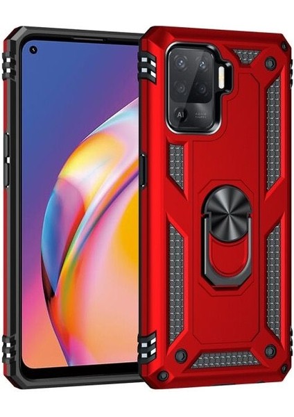 Oppo Reno 5 Lite Kılıf Tank Standlı Yüzüklü Mıknatıslı Kırmızı