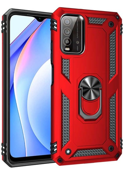 Xiaomi Redmi 9t Kılıf Tank Standlı Yüzüklü Mıknatıslı Kırmızı