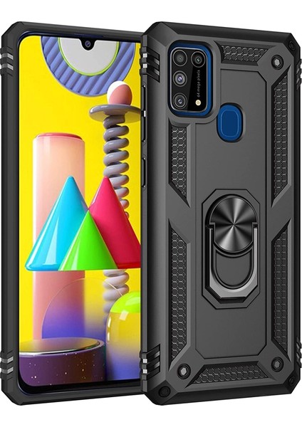 Samsung Galaxy M21 Kılıf Tank Koruma Standlı Yüzüklü Mıknatıslı Siyah