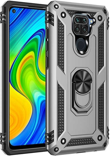 Xiaomi Redmi Note 9 Kılıf Tank Koruma Vega Standlı Yüzüklü Mıknatıslı Gümüş
