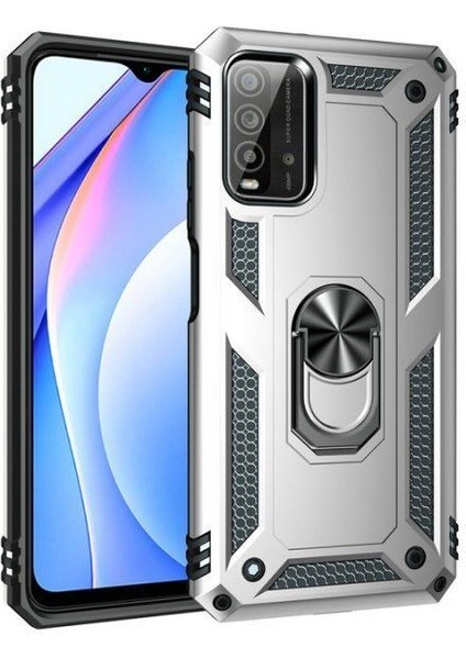 Xiaomi Redmi 9t Kılıf Tank Standlı Yüzüklü Mıknatıslı Gümüş