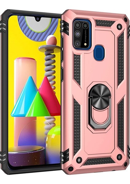 Samsung Galaxy M21 Kılıf Tank Koruma Standlı Yüzüklü Mıknatıslı Bronz