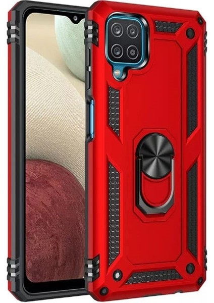 Samsung Galaxy A12 Kılıf Tank Koruma Standlı Yüzüklü Mıknatıslı Kırmızı