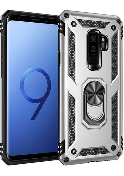 Samsung Galaxy S9 Plus Kılıf Tank Standlı Yüzüklü Mıknatıslı Gümüş