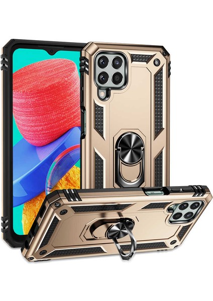 Samsung Galaxy M33 Kılıf Sert Silikon Tank Standlı Yüzüklü Mıknatıslı Gold